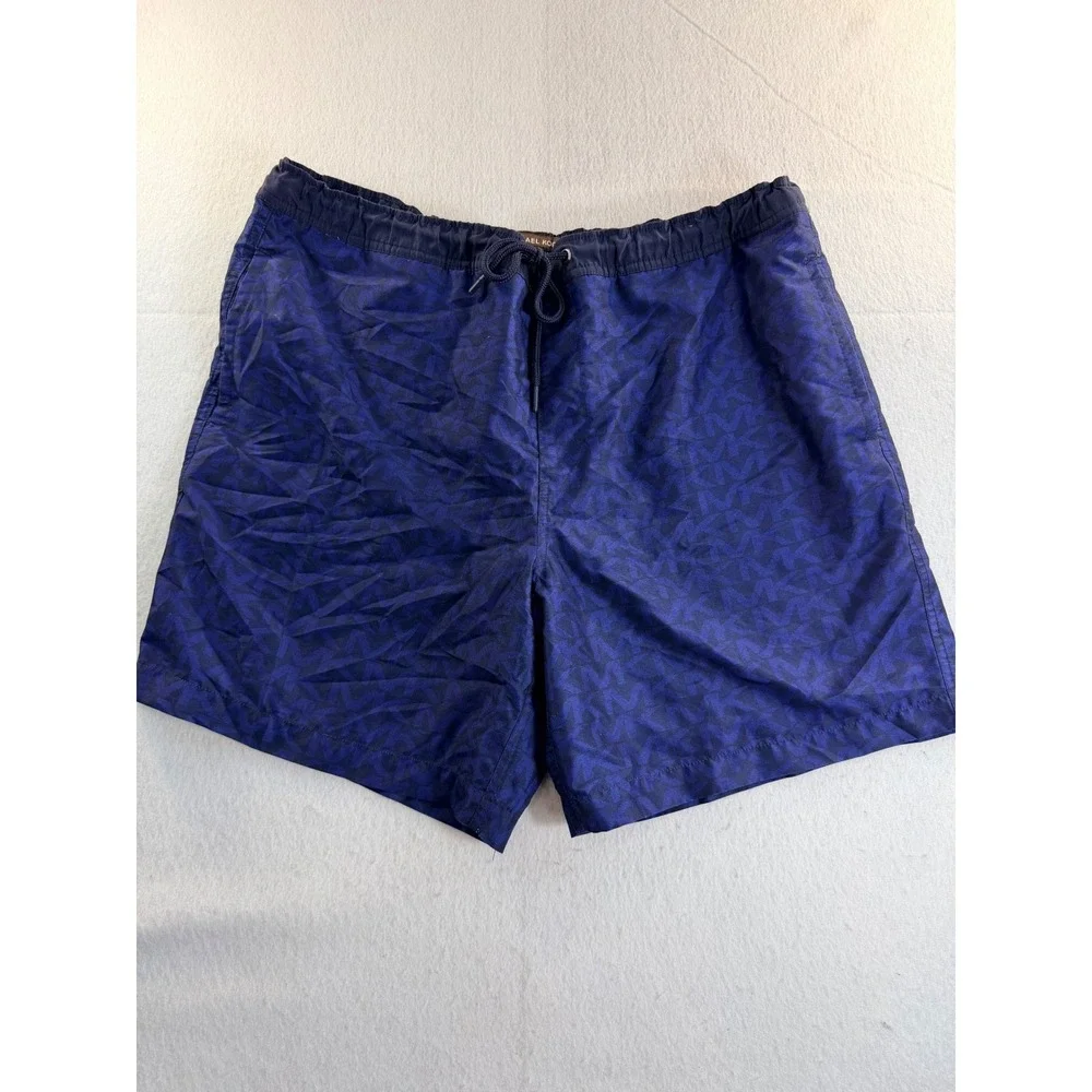 Michael Kors Mens Navy Blue Monogram Logo Swim Trunks Shorts Size L Drawstring